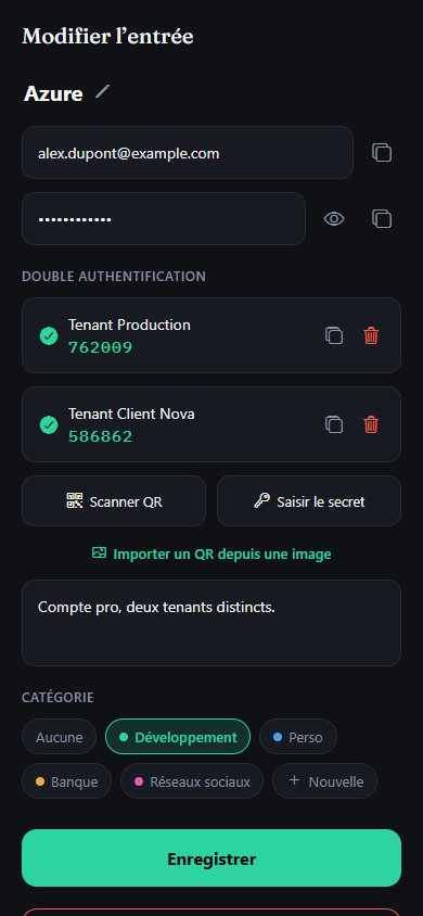 Fiche d'une entrée Vaultige avec deux codes 2FA nommés (Tenant Production, Tenant Client Nova)