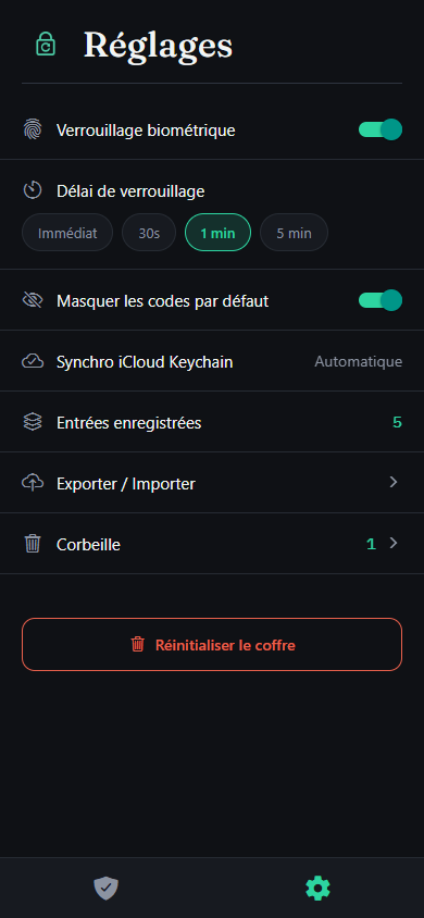 Écran de réglages Vaultige : verrouillage biométrique, synchro iCloud Keychain, entrées enregistrées